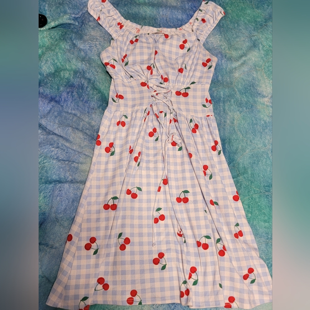 No Boundaries Cherry Print Kids Dress - Blue and White